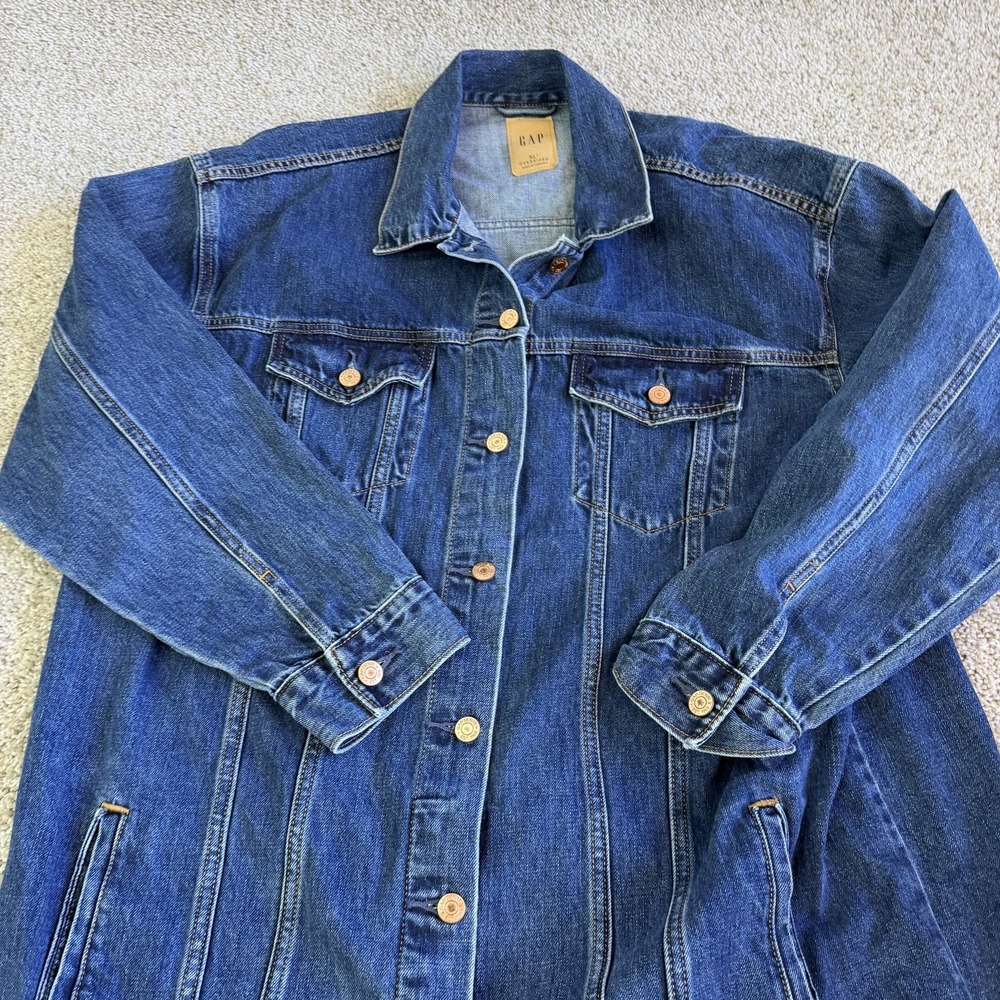 Gap Jacket Womens XLT Blue Denim Oversized Button Front Long Trench Coat Pockets